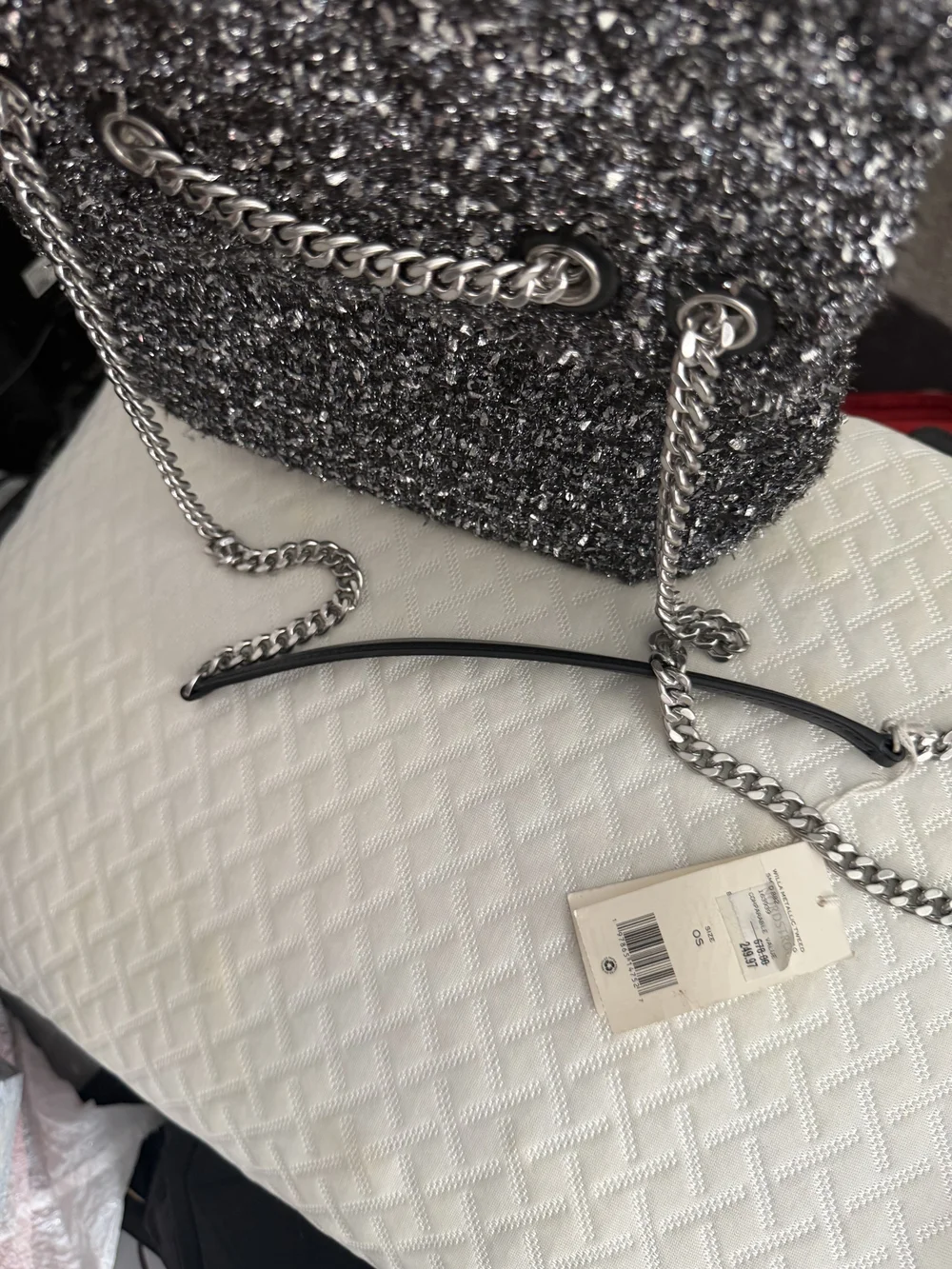Tory Burch New Black and Silver Tweed Shoulder Bag with Chain Strap Original